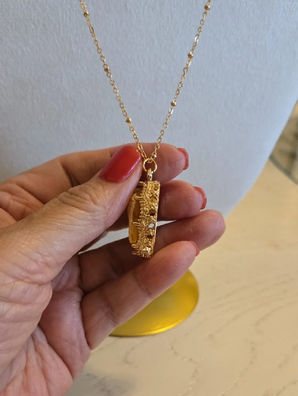 Gold Raised Cameo Pendant Necklace On Intricate Diamond Cut Chain Back in Stock.